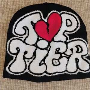 Top Tier Black and White Beanie with Red Heart
